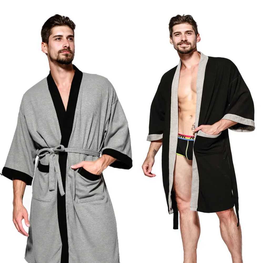 Cotton Waffle Men Kimono Bathrobe Gown Sleepwear Couple Black Robe Nightwear Loose Casual Sauna Yukata Spring Summer Home WearXJ241018