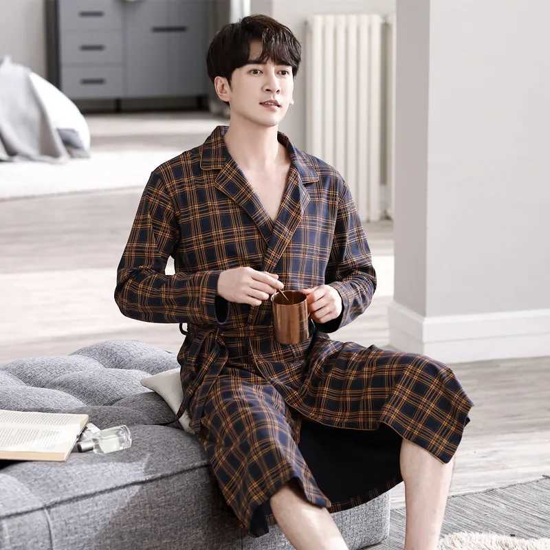 Mens Casual Plaid Long Nightgown Kimono Bathrobe Gown Cotton V-neck Intimate Lingerie Long Sleeve Spa Robes Sleepwear For MaleXJ241018