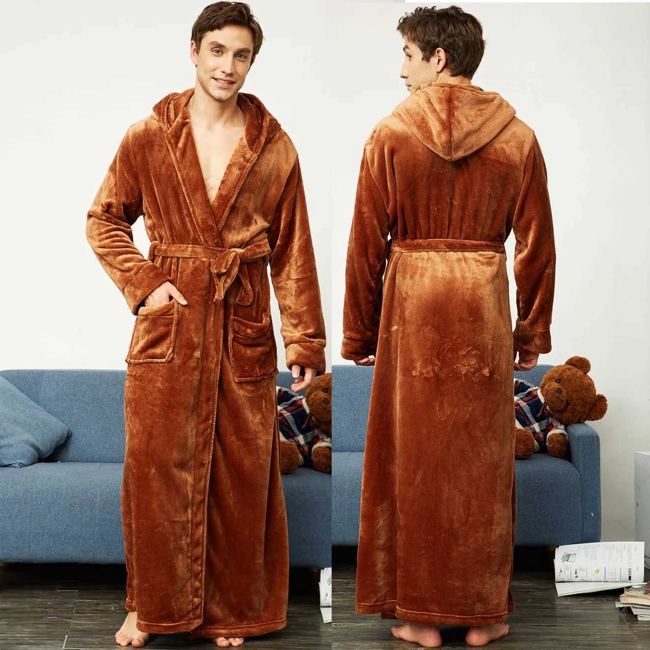 Lovers Coral Fleece Long Robe Winter Hooded Sleepwear Warm Thick Bathrobe Gown Couple Nightwear Coral Fleece Kimono GownXJ241018