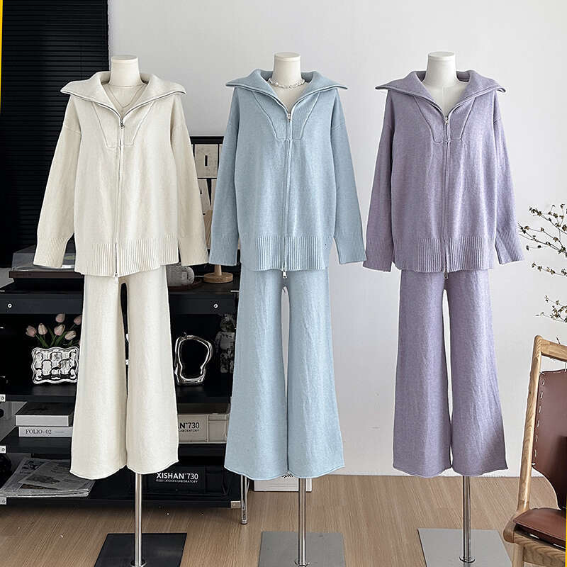 Hirsionsan Loose Thick Women Suits 2 Pieces Female Sets Zip Cardigan Sweater & Wide Leg Pants Soft Knitted Track Suit 2023