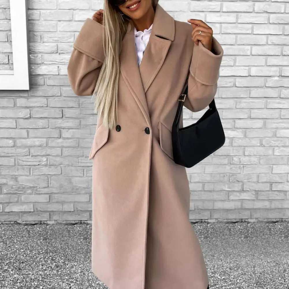 Fall Winter Woman Overcoat Solid Color Double-breasted Straight Woolen Coat Long Sleeve Thick Mid Length Lapel OL Commute CoatX241009
