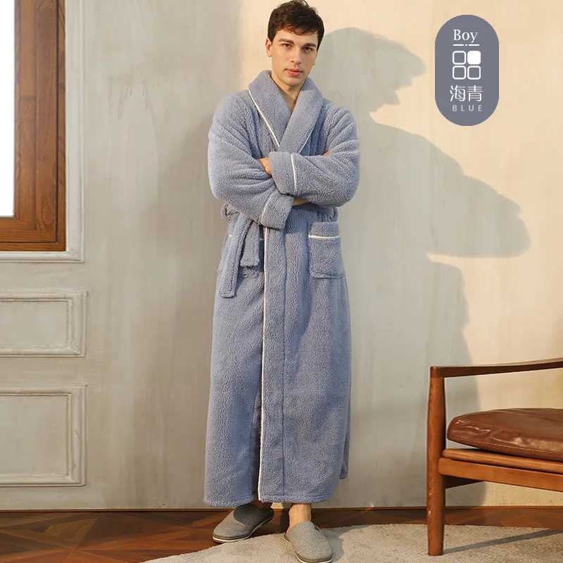 Mens Winter Bathrobe Long Sleeve Warm Turn Down Collar Man Fluffy Bath Robe With Sashes Solid Fleece Dressing Gown For MaleXJ241018