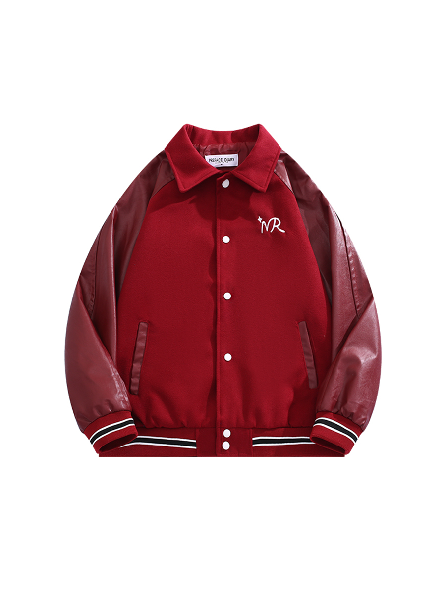 Trendy American Retro Woolen Spliced Leather Embroidered Jacket Men Women Lapel Baseball Uniform Casual Loose Couple Button Coat