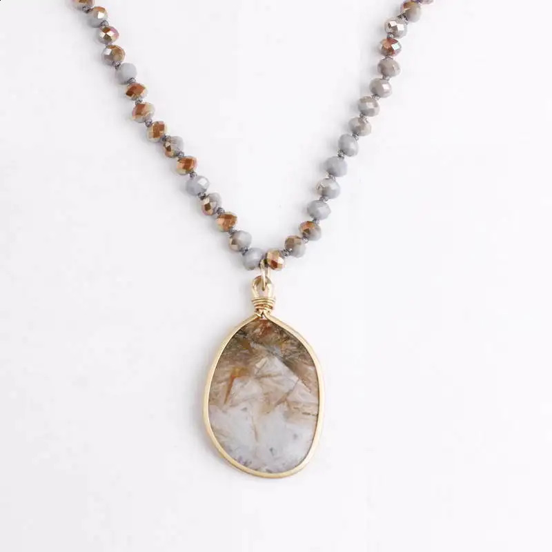 Matte gold Bordure irregular natural stone pendant necklace handmade 8mm glass bead knotted chain boutique jewelry 241018