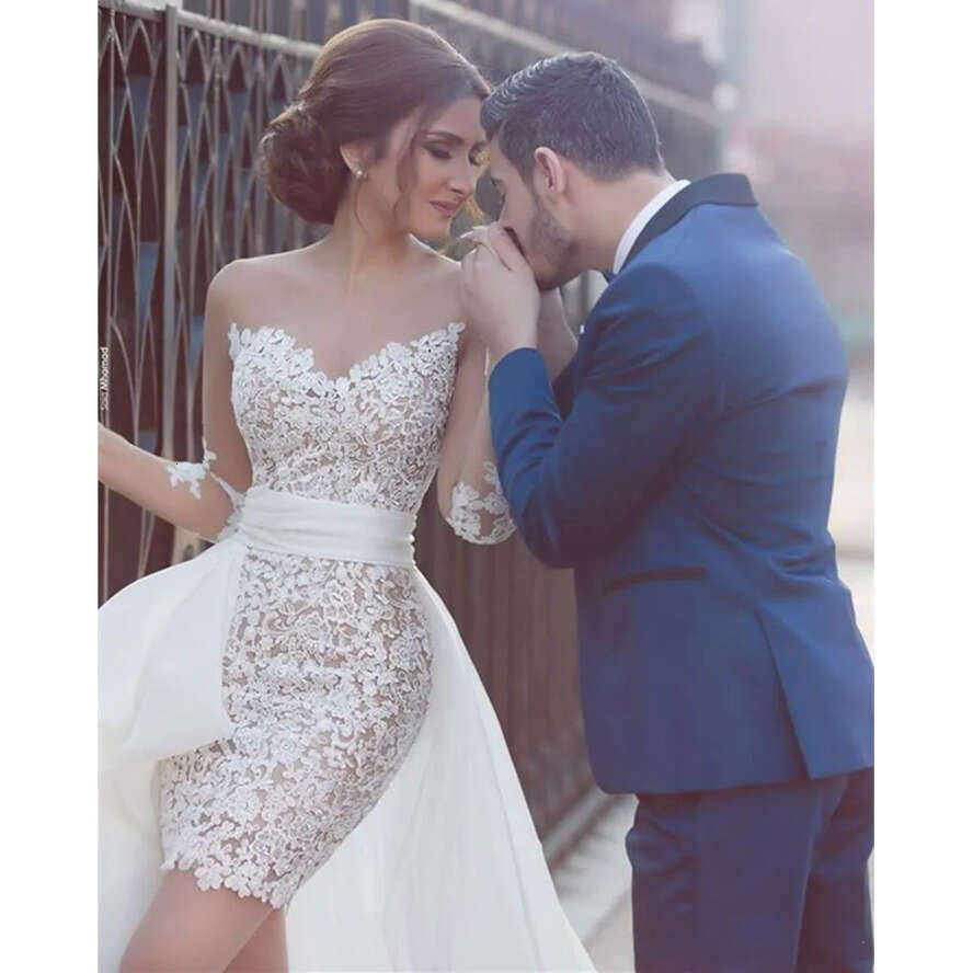 Short Arabic Wedding Sexy Dresses A E Jewel Neck Illusion Long Sleeves Lace Appliques Hi Lo Overskirts Plus Size Formal Bridal Gowns ppliques