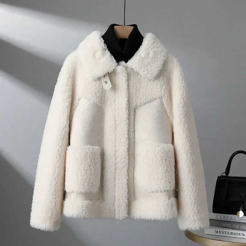 2024 Autumn Winter Lambswool Jacket Womens Chic Splice Lamb Wool Coat Tops Women Korean Bomber Wool Outwear Woman Suede JacketsX2410