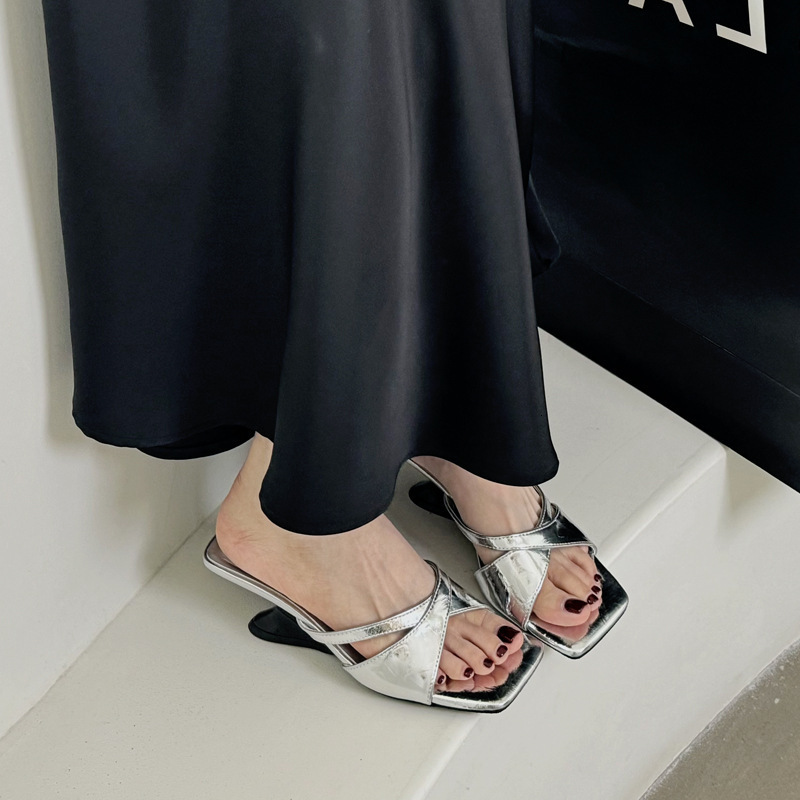 New Chinese Style Irregular Sloping Open Sandals For Women With Summer Niche Design Square Toe High Heel Flip Flops Ddmythur