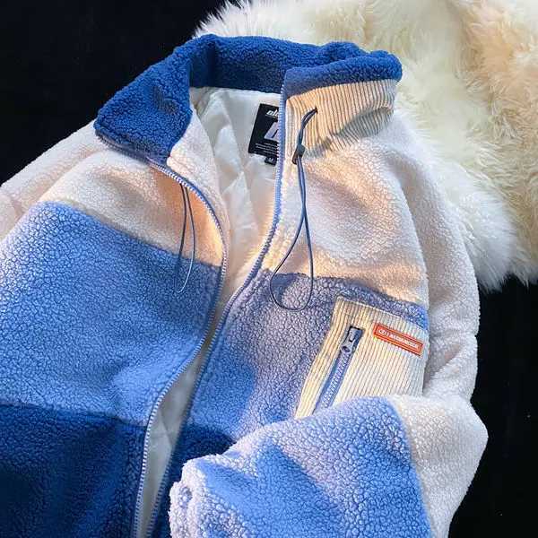 2021 lamb wool stitching striped cardigan sweater womens winter new design sense niche loose cotton jacket chaketas de mujerX241018