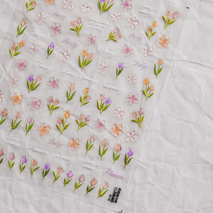 1PCS Pink Tulip Flower 5D Nail Stickers Cute Jelly Embossed Relief Mini Flower Nail Art Stickers Nail Decorations Supplies Parts 241017