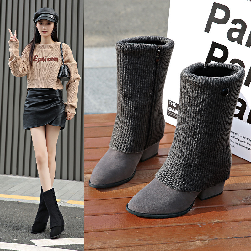 Sharp pointed, thick heeled Martin boots for women, 2024 autumn and winter new item, solid color, high heels, knitted, internet red, slim boots, midso