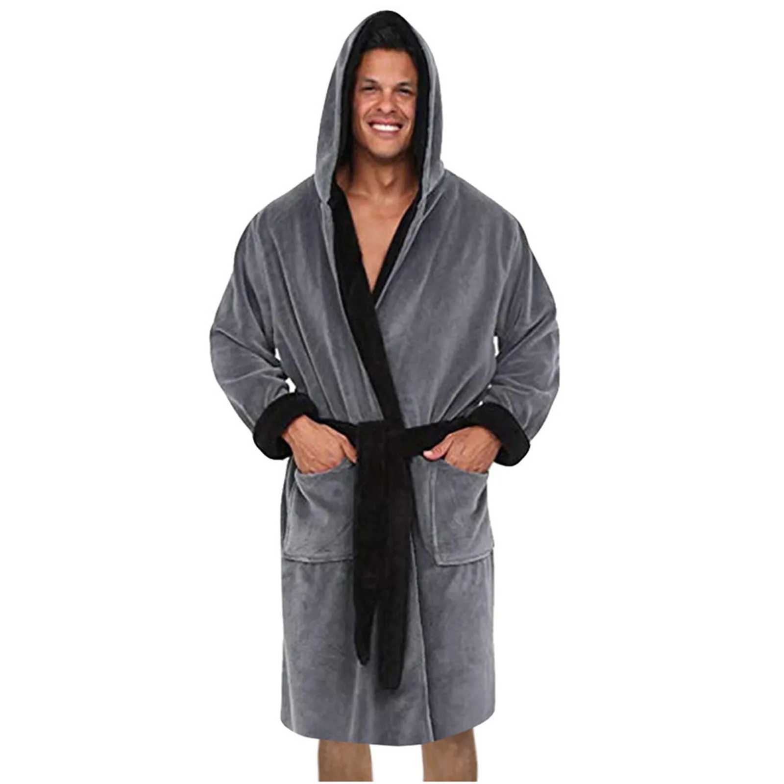 Men Thermal Long Bathrobe Warm Lengthened Plush Shawl Kimono Bath Robe Long Sleeved Nightgowns Home ClothesXJ241018