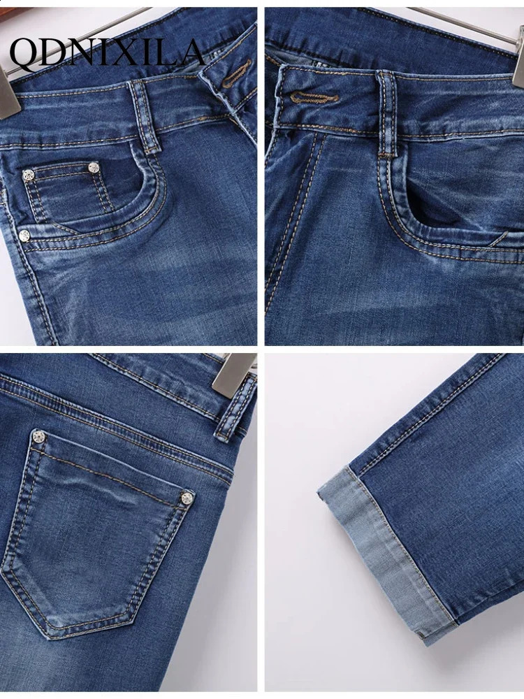Womans Jeans Black Denim Pants Ladies Cropped Trousers Skinny Knee Length Jean Elastic High Waist Mom Oversize 241007