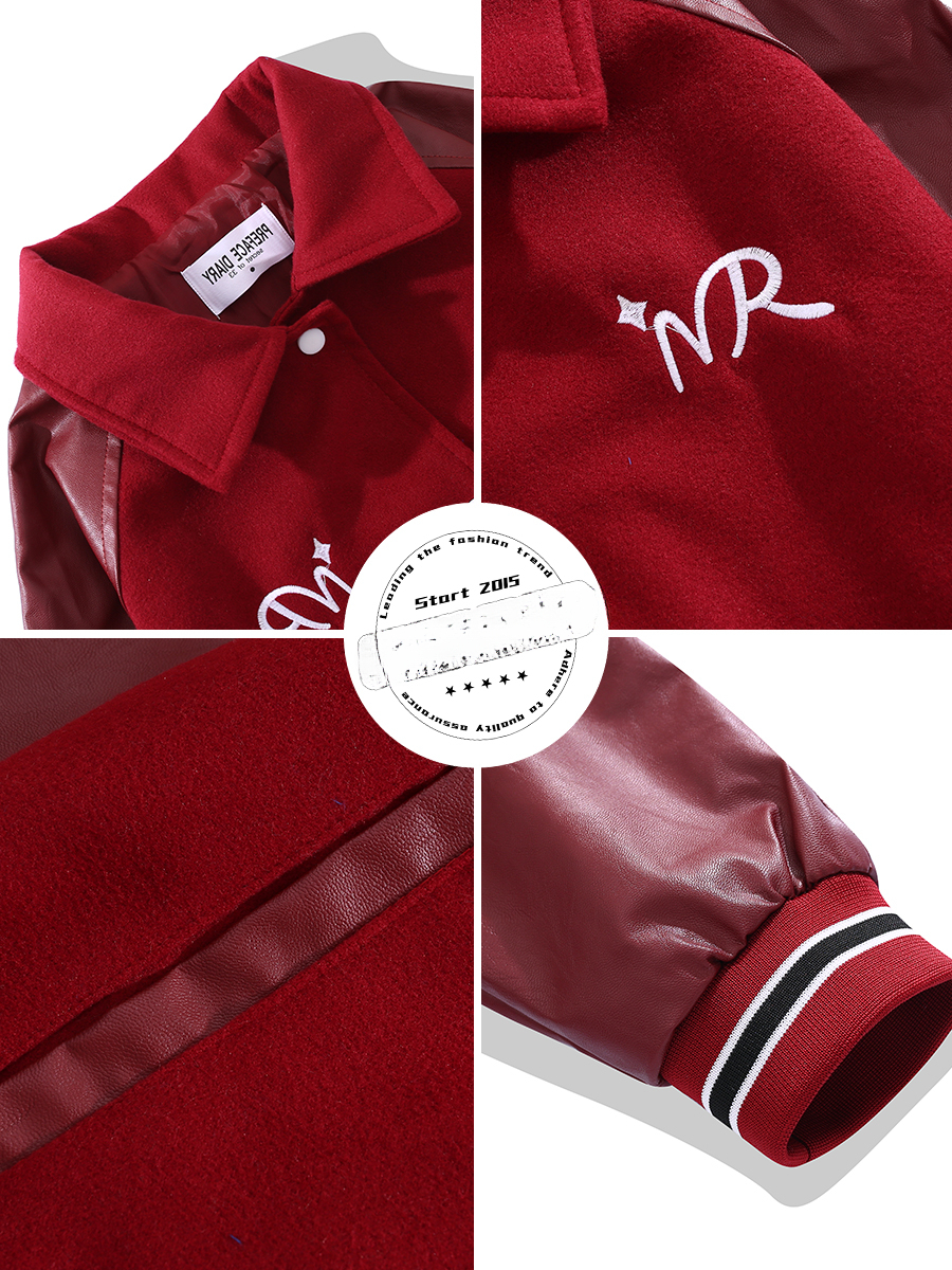 Trendy American Retro Woolen Spliced Leather Embroidered Jacket Men Women Lapel Baseball Uniform Casual Loose Couple Button Coat
