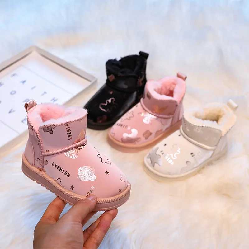 Boots Fashionable girls winter thick boots warm childrens cotton shoes plush cute printed childrens snow boots soft sole non slip sports shoes H241018
