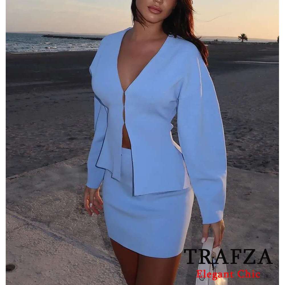 Trafza-Women Fashion Loose Knitted Top Coat And A-E Skirt New 2024 Spring Autumn Fall Bury Modern Set