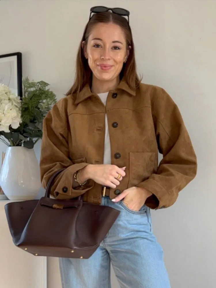 Brown Suede Coat Skirt Sets Women Lapel Single Breasted Loose Jacket Mini Skirts Female 2 Pieces Suits 2024 Autumn Lady Outfits 241017