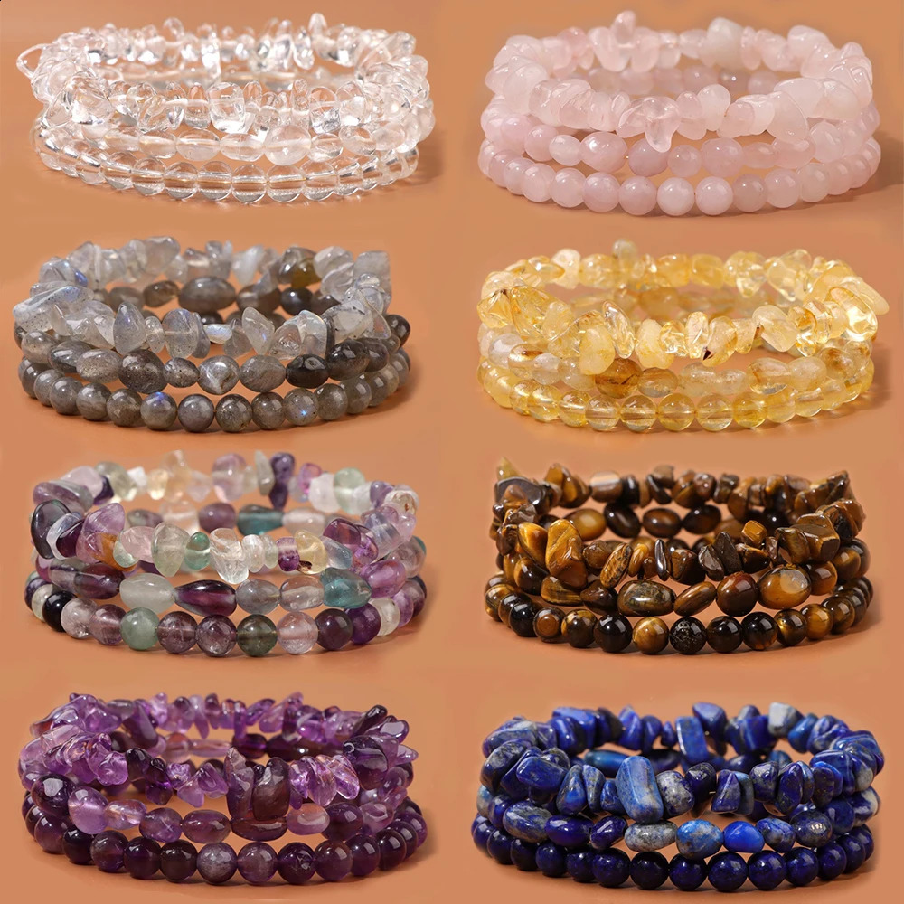 3 pieces/set of natural stone bracelets tiger eye lapis lazuli rose quartz bracelets round irregular bead bracelets 241018