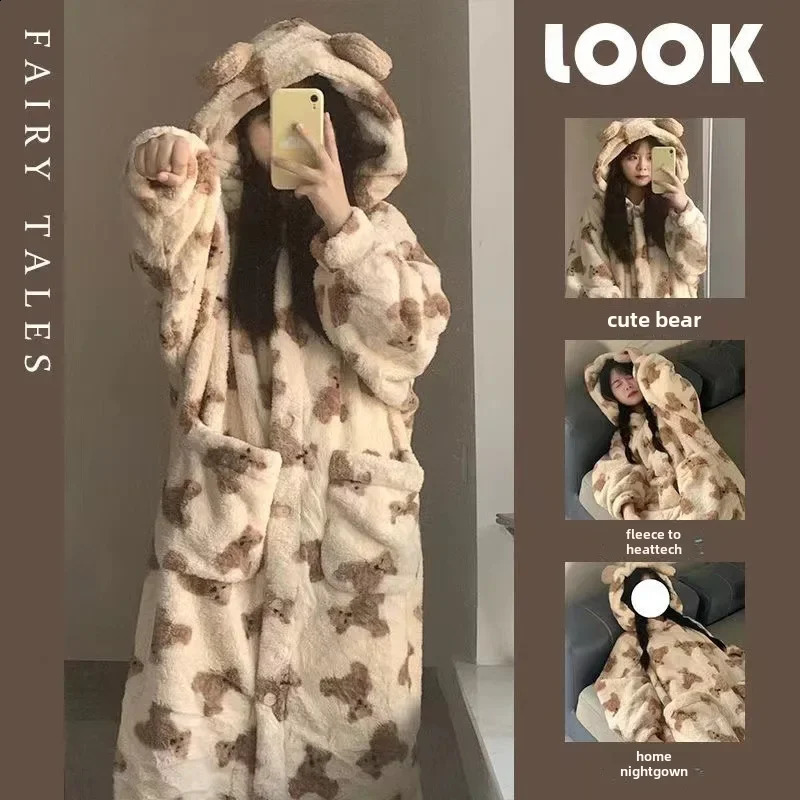 Winter Cartoon Bear Pajama Set Thick Coral Velvet Warm Cute Style Explosive Pattern Mens Pajamas 241009
