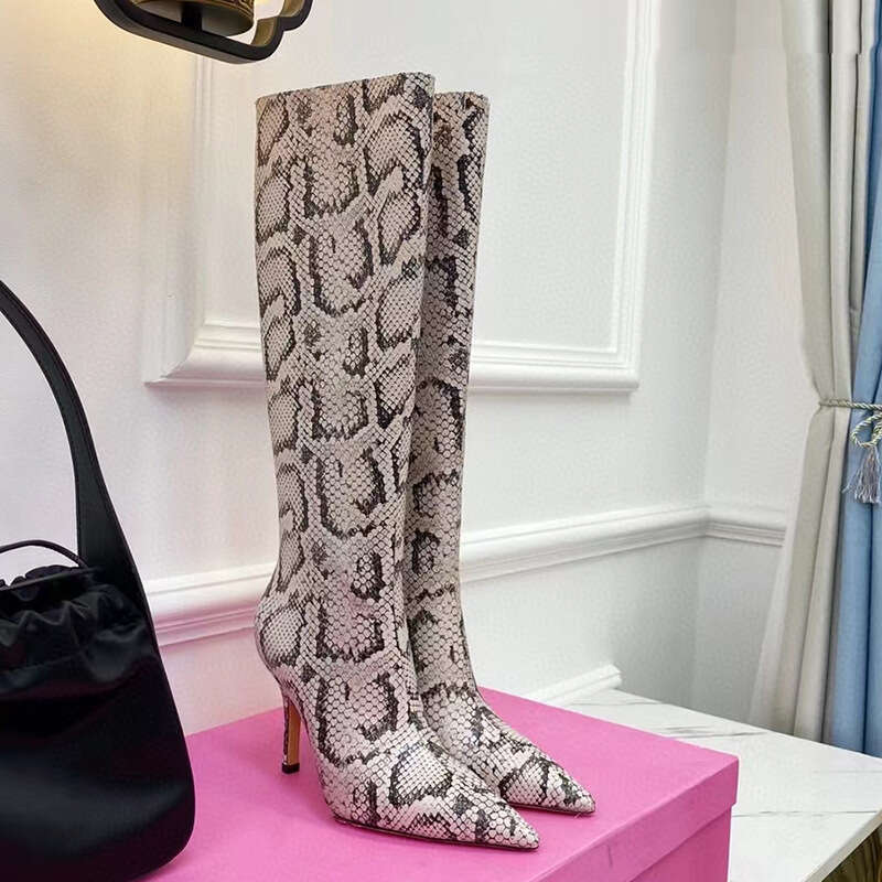 2024 new fashion show snake patterned back zipper pointed high slim heels, knee length oversized boots for women