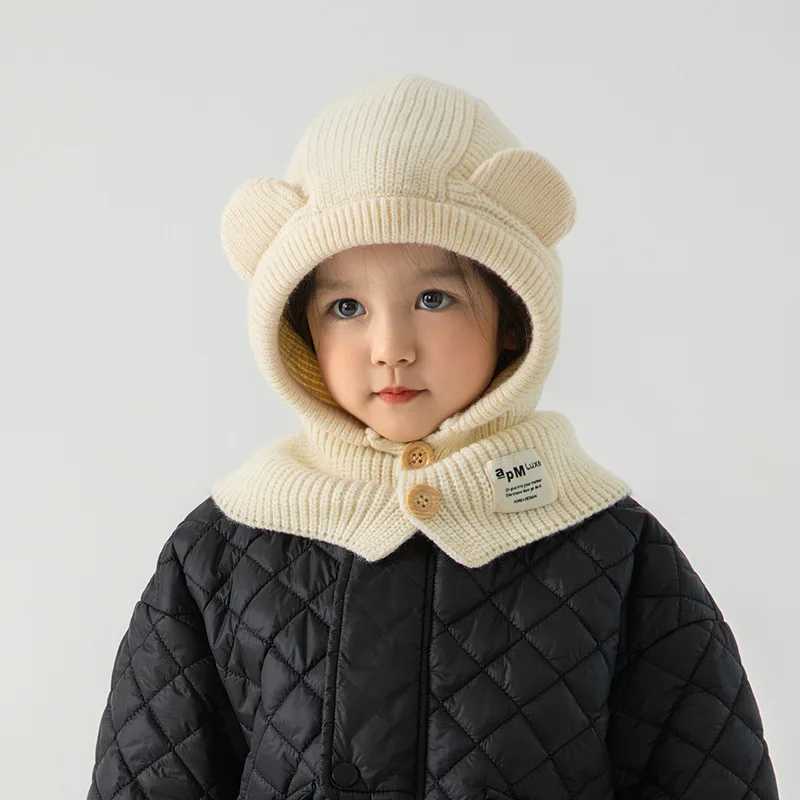 Cute Bear Baby Balaclava Hat Winter Warm Ear Protection Cap Scarf One Piece Solid Color Kids Boy Girl Knit Wool Hats LX241018
