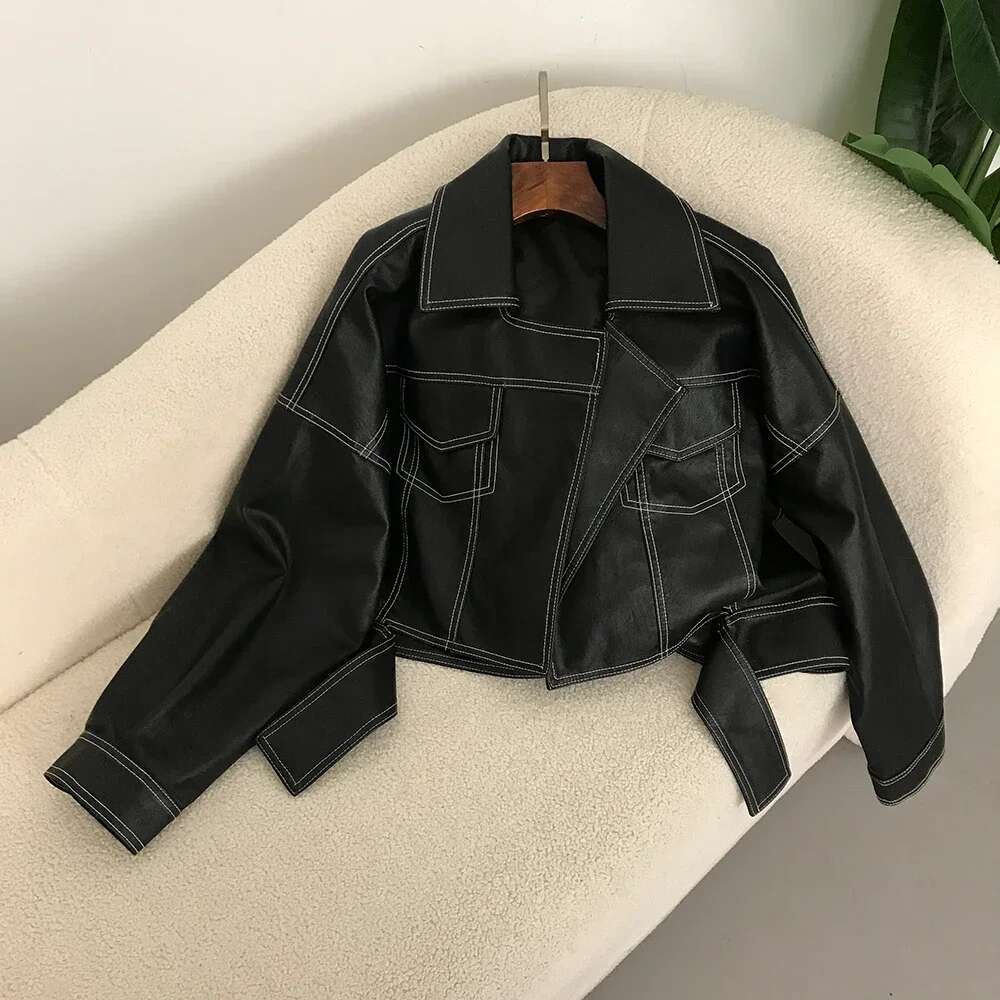 Spring Women Split Hem Black Faux PU Leather Coat Lapel Long Sleeve Female Biker Jacket Streetwear Casual Fashion