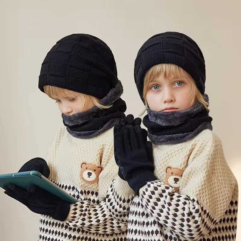 Winter Children Hat Gloves Scarf Set Plus Velvet Knitted Hats for Kids Neck Warmer Scarves Five Finger Gloves Boys Accessories LX241018