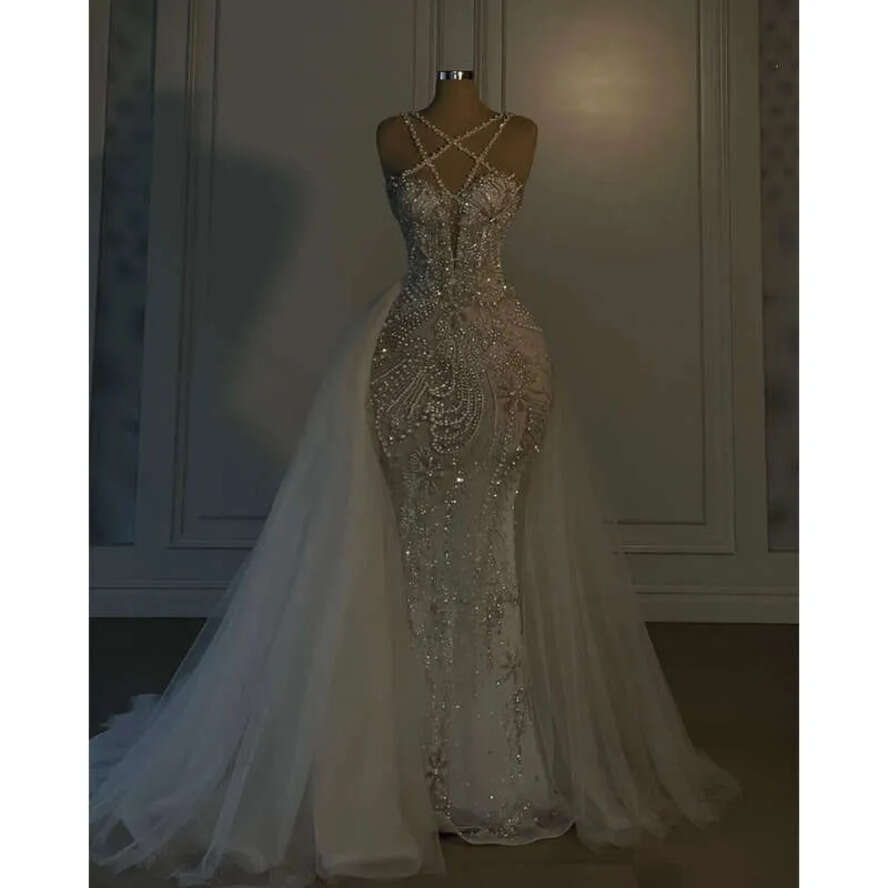 Mermaid Straps Chart Overskirts Cross Dress Gorgeous Pearls Beading Wedding Dresses Bridal Gowns Sweep Train Dubai Robe De Mariage Es es