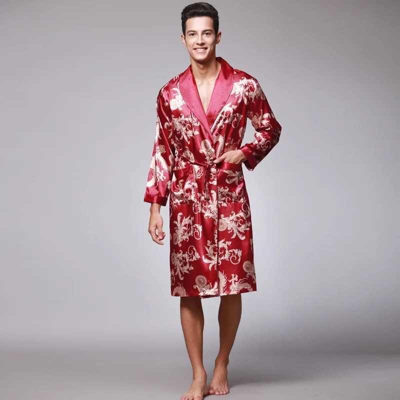 SSH0127 Spring Autumn Mens Bathrobes Printed Male Pajamas Full Sleeves Nightwear Sleepwear Satin Silk Robe Pyjama Belt Men RobeXJ241018