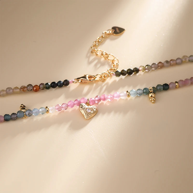 Love tourmaline inlaid necklace with natural gemstone beads pendant 925 silver 241017