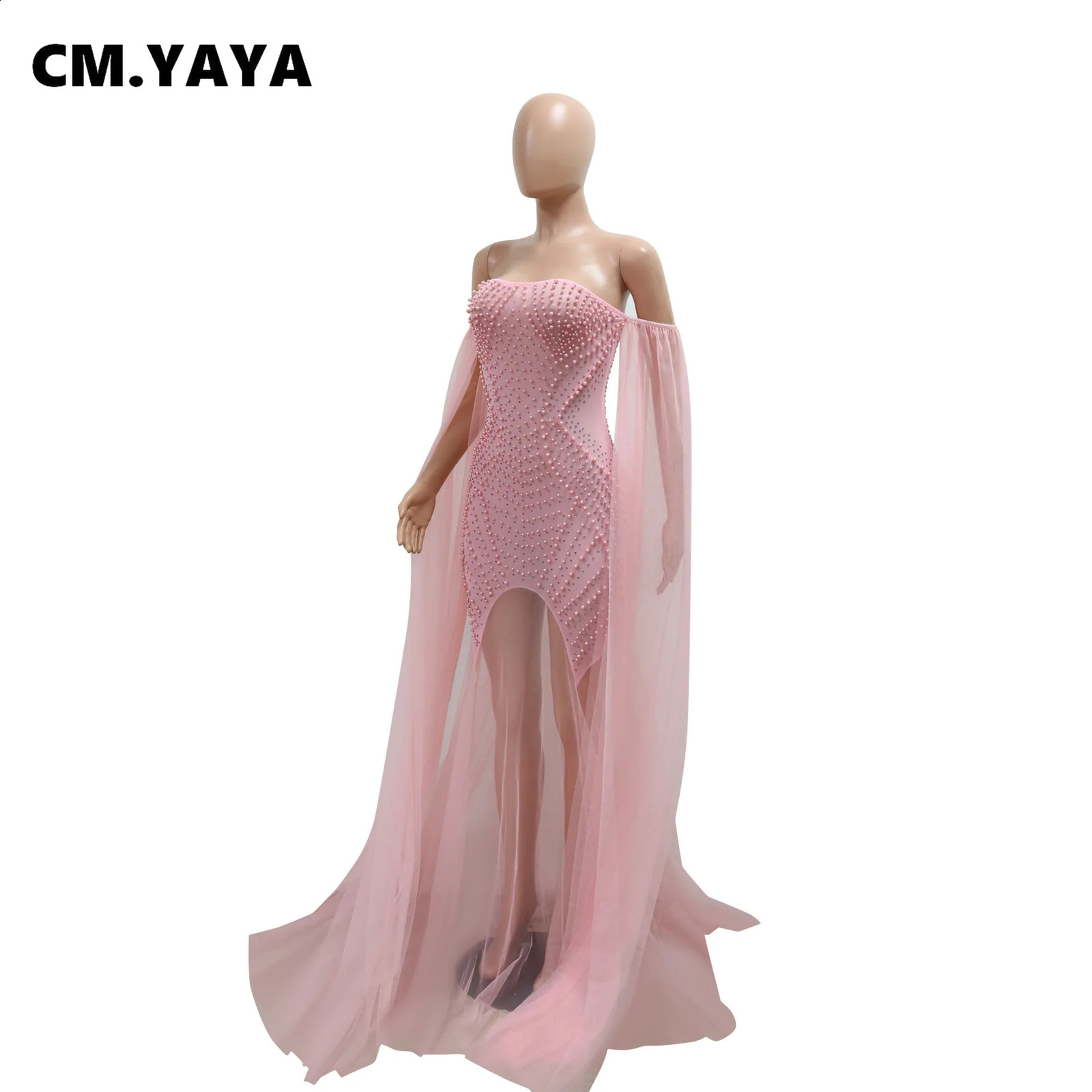 CM.YAYA womens pearl strapless mesh see through long skirt without back 2024 summer street Maxi party evening mermaid dress Vestido 241017