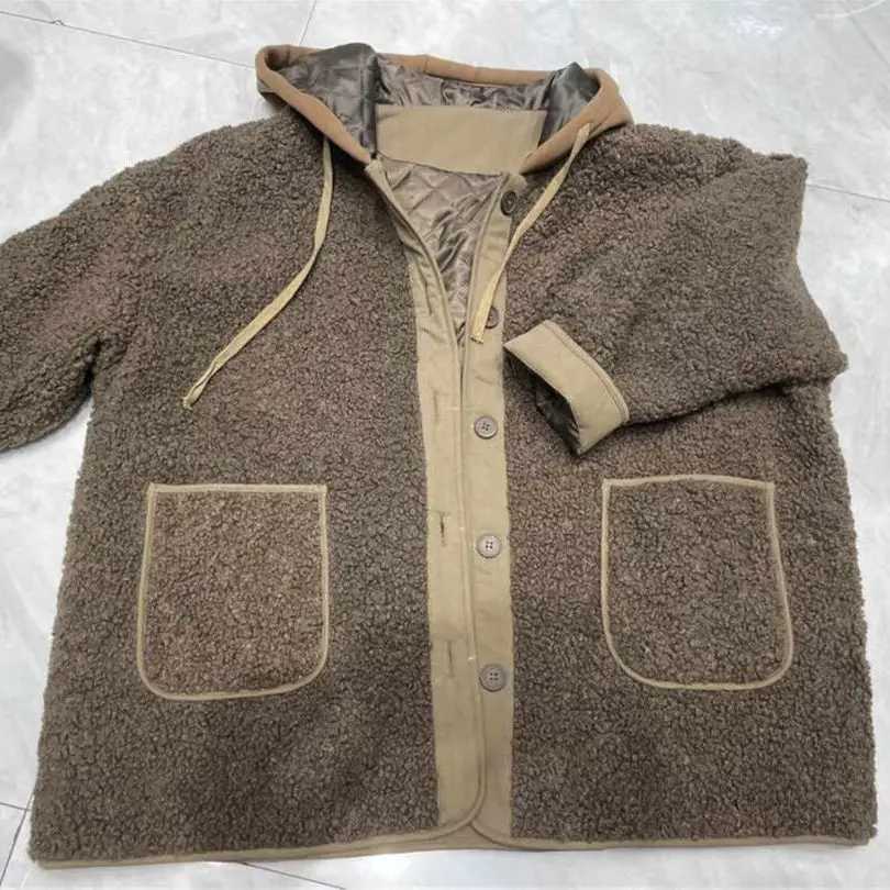 Quilted Winter Jackets New Spliced Fake Two Piece Lamb Wool Sand Hooded Coat 2023 Med-Long Loose Grain Fleece Coat Thick 5XLX241018