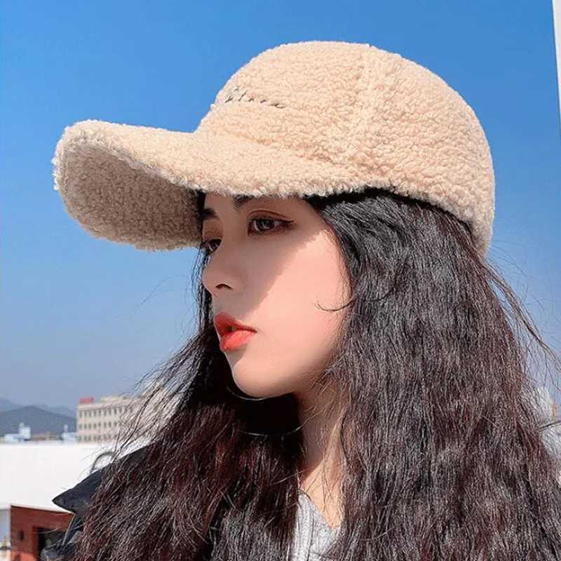 New Lamb Wool Baseball Cap Letter Embroidery Women Sun Hat Lady Girls Outdoor Warm Winter Spring Plush CapsX241018