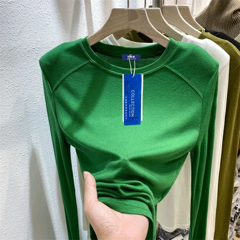Womens Tshirt Long Sleeve Thin Soft O Neck Autumn Blouse Solid Color Green Fashion Elasticity Slim Shirts for Women 241018