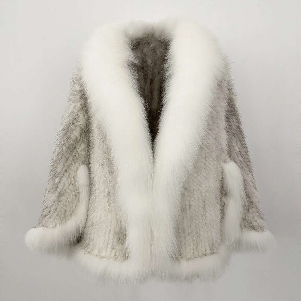 Real Coat Women Autumn Winter Shawl Fashion Knitted Genuine Mink Jacket Cape Scarf Natural Fox Fur Collar Cloak