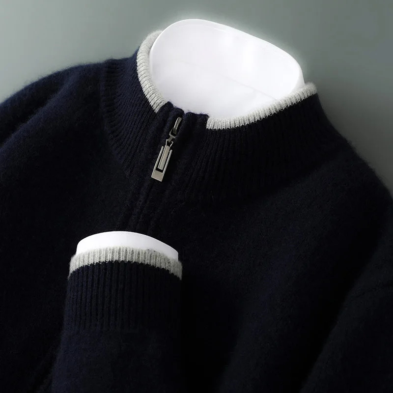 Autumn And Winter Mens Cashmere Sweater SemiHigh Collar Zipper Cardigan Sports Casual Color Matching Knitted Wool Coat 241018