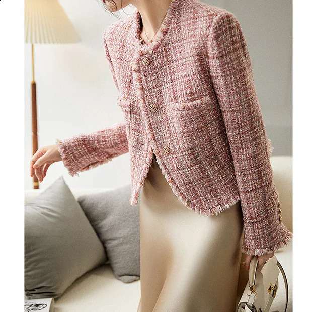 pink Tweed Wool coat spring and autumn tweed high sense 2024 autumn short coat top womens jacket 241017