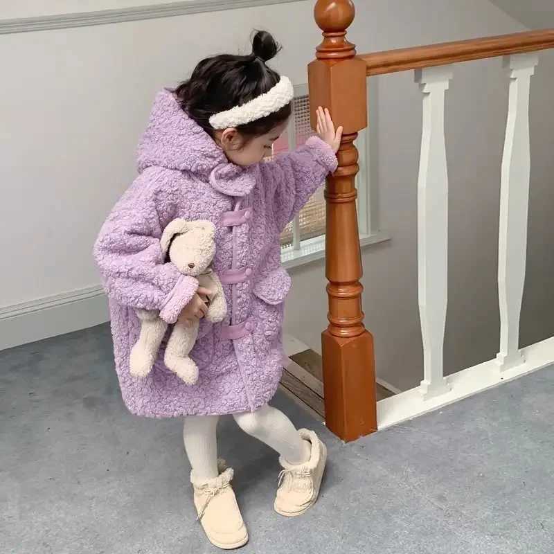 Womens plush jacket wool autumn and winter thick and fashionable medium length cashmere hoodie simple purple M241018