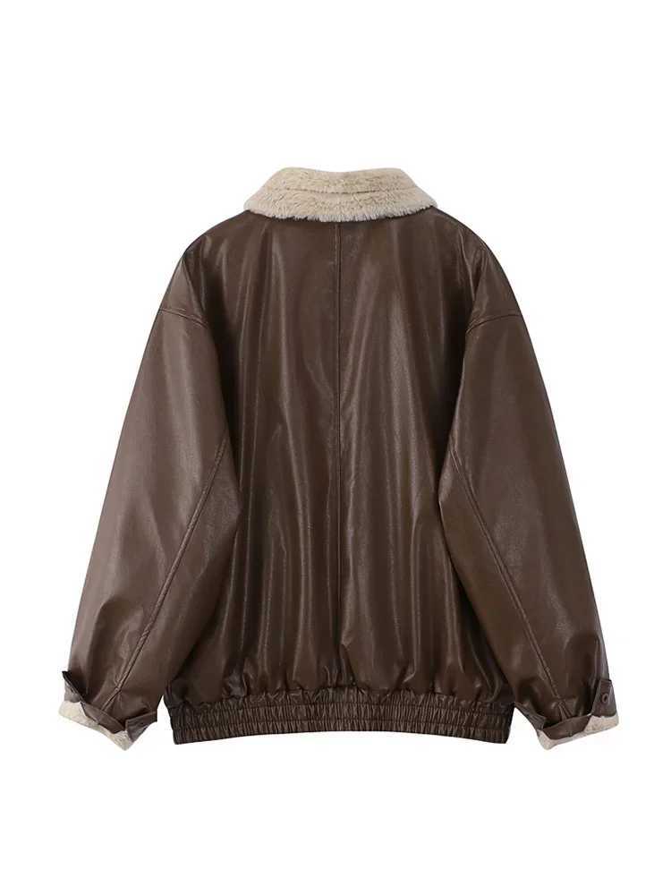 Winter Womens Fur Leather Coats Long Sleeved Loose Warm Lamb Wool Vintage Thickened Locomotive Lapel Female PU Motorcycle CoatX241018