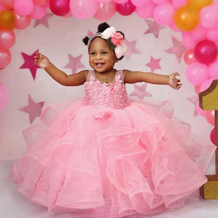 Pink Little Kids Birthday Party wer Girl Dresses Sheer Neck Appliqued Lace Tiered Tulle Beaded wergirl Dress Princess Queen Marriage Gowns