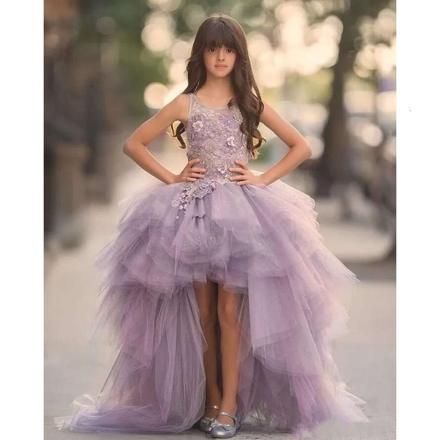 High Lavender 2017 Low Wer Dresses Scoop Appliques Beads Puffy Tulle Skirt Wedding Children Lovely Girls Pageant Dress