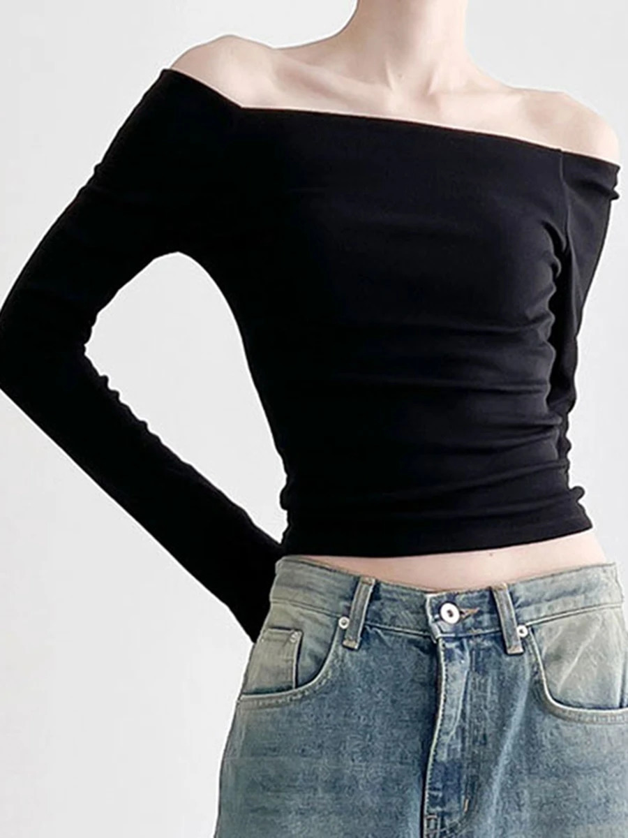 Women Solid Color Short TShirts Boat Neck Long Sleeve Off Shoulder Shirts Spring Fall Fit Tops Streetwear 241018