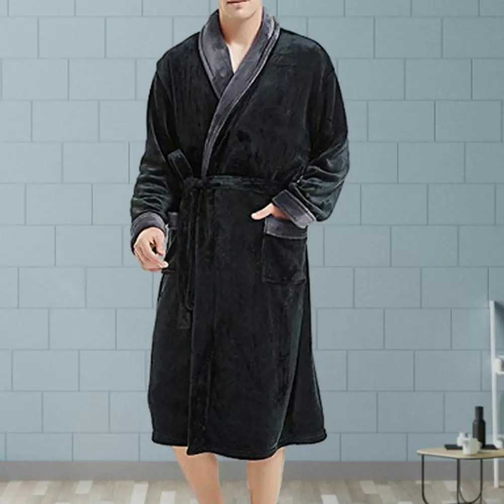 Unisex Bathrobe Cozy Mens Winter Nightgown with Plush Coral Fleece Long Sleeves Tie Waist Stylish Homewear Robe for Great WaterXJ241018