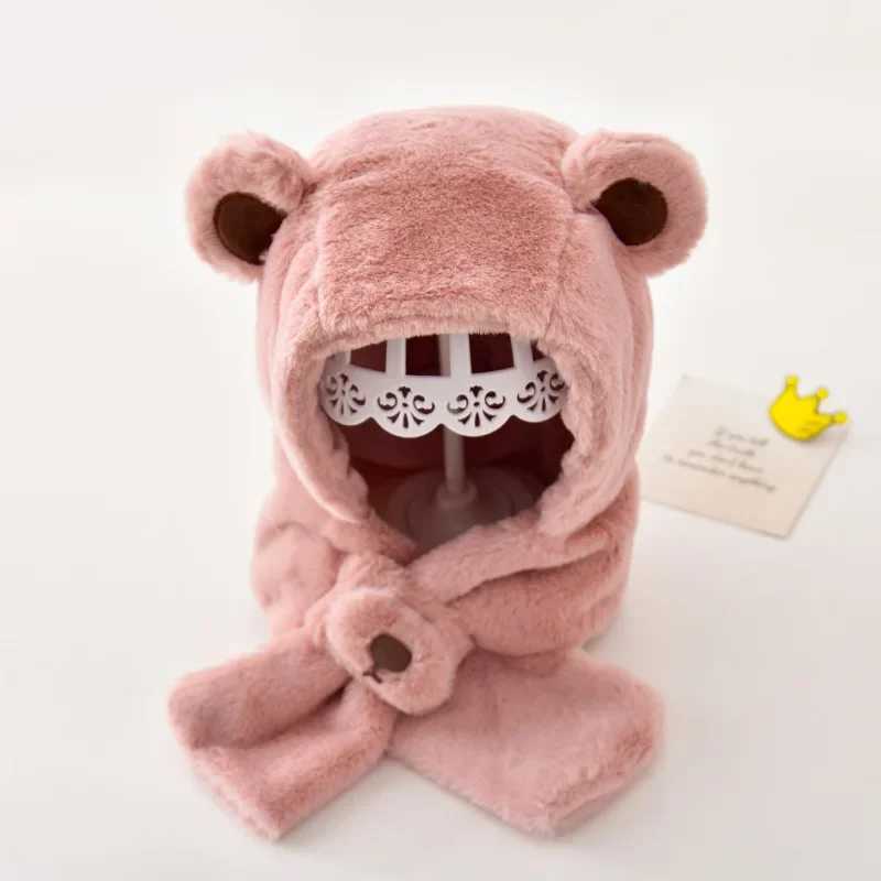 Winter Baby Hat Scarf One-Piece Faux Fur Kids Hats Bear Warm Neck Ear Cap for Boys Girls Windproof Beanies Infant Stuffs LX241018