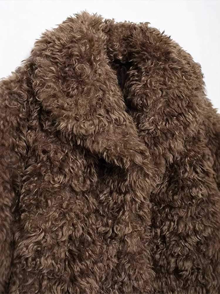 Fashion Lamb Wool Coats Women Brown Lapel Long Sleeve Cozy Overcoat Female 2024 Autumn Winter New Loose Warm Commuter OutwearsX241018