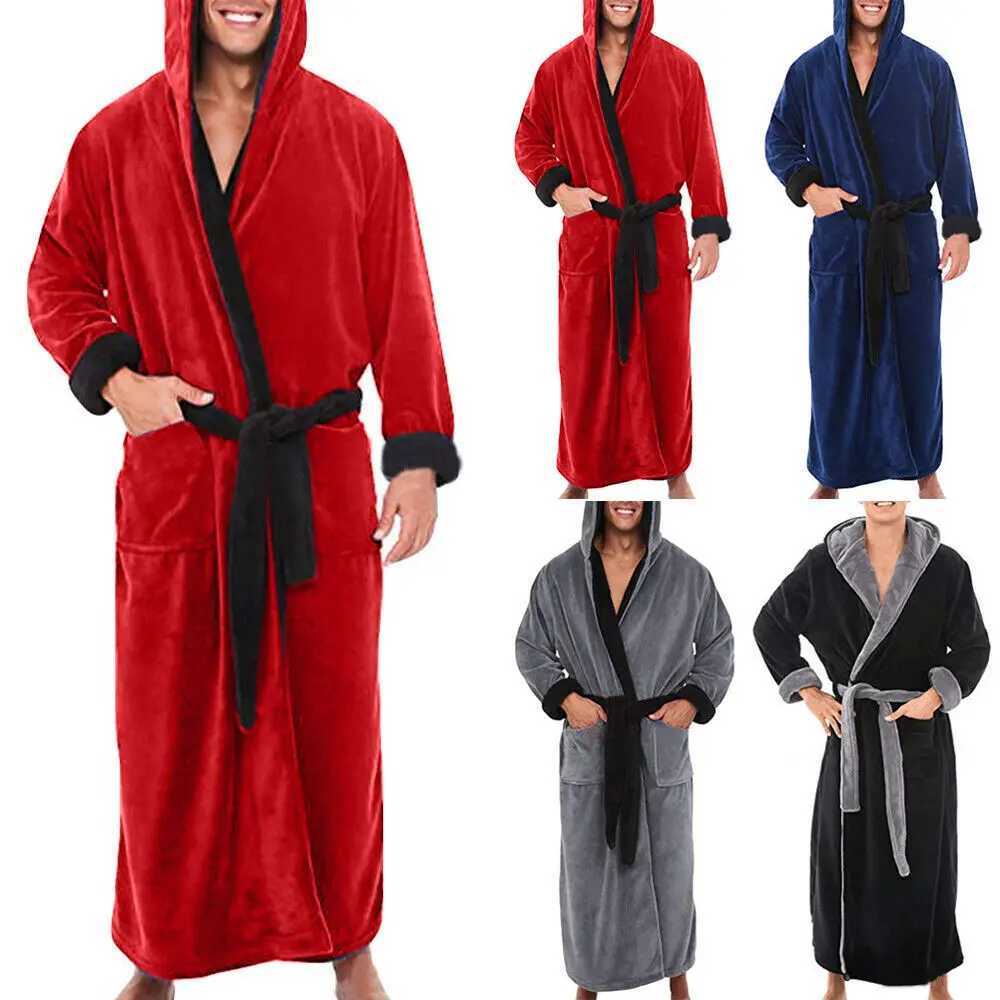 New Mens Bathrobe Long Dressing Fleece Hooded Nightgown Autumn and Winter Oversized Long Sleeve Pajamas Males Home ClothingXJ241018
