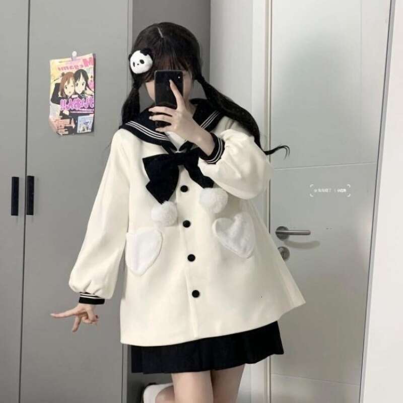 Sweet Bow Sailor Collar Jackets Mujer 2024 Autumn Winter New Thicked Warm Coat Women Y2k Mid-Length Long Sleeve Loose Tops