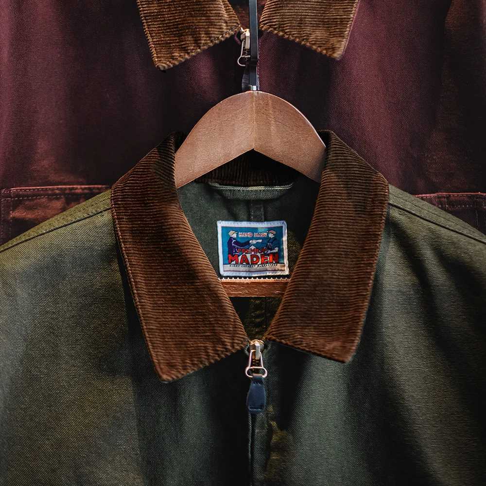 Maden Retro Heavyweight Canvas Detroit Jacket Corduroy Collar Hunting Short Zip-Up Jacket with Pockets Mens Autumn Outerwear LX241018