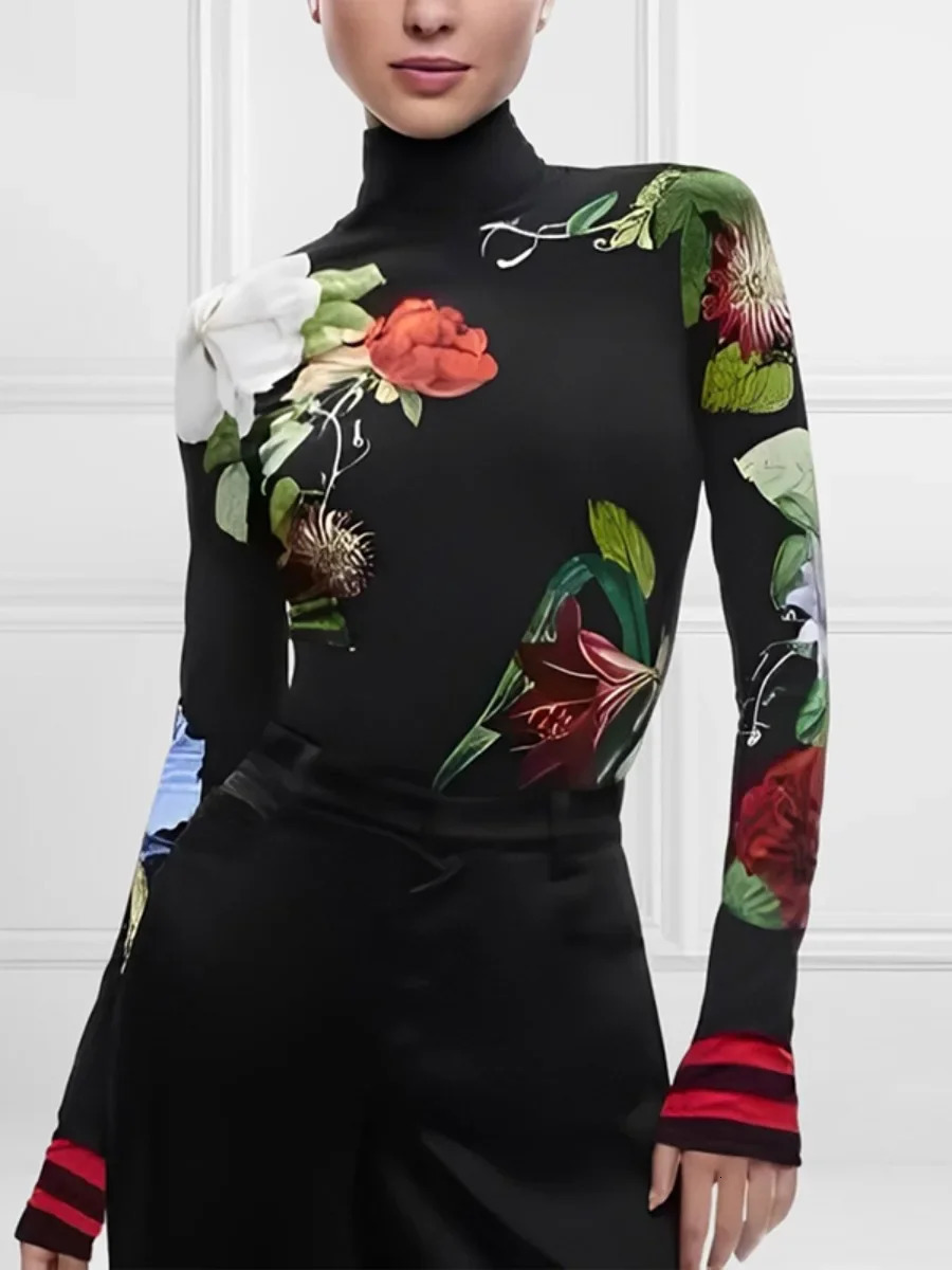 Bonboho Long Sleeves Tshirt for Women Fall Fashion Skinny Floral Printed Shirts High Neck Stylish Blouse 241018