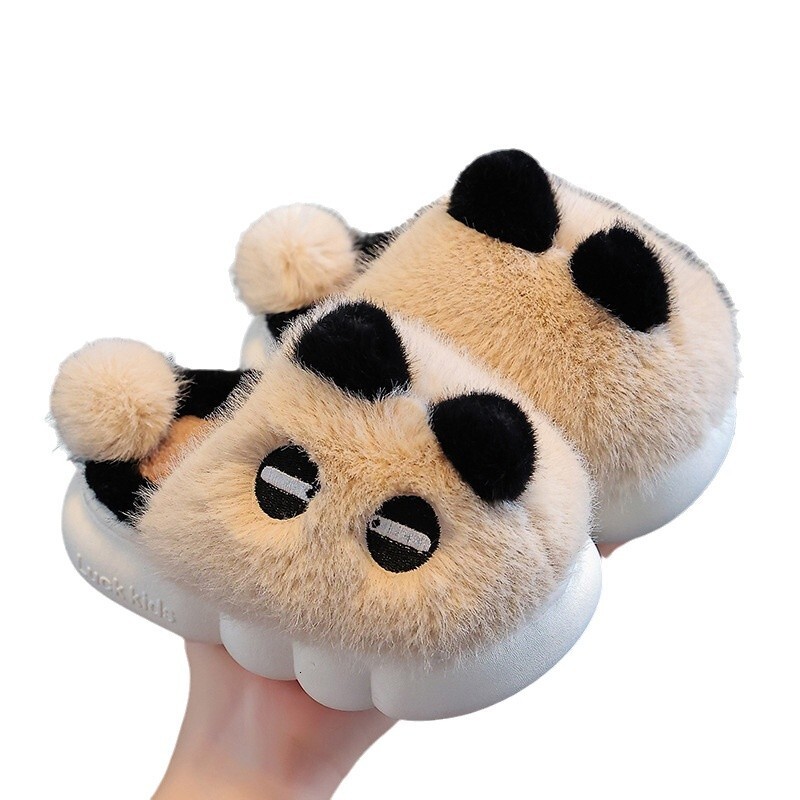 Panda children's cotton slippers for girls, indoor anti slip and warm with plush fur, boys' baby autumn and winter cotton slippers