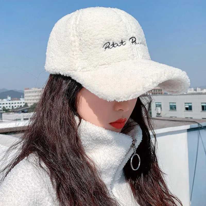 New Lamb Wool Baseball Cap Letter Embroidery Women Sun Hat Lady Girls Outdoor Warm Winter Spring Plush CapsX241018